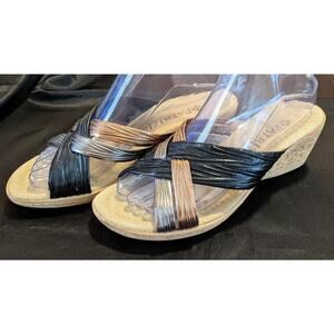 PATRIZIA Spring Step Italy Black Metallic Cork Wedge Slide Sandals Size 38 US 7